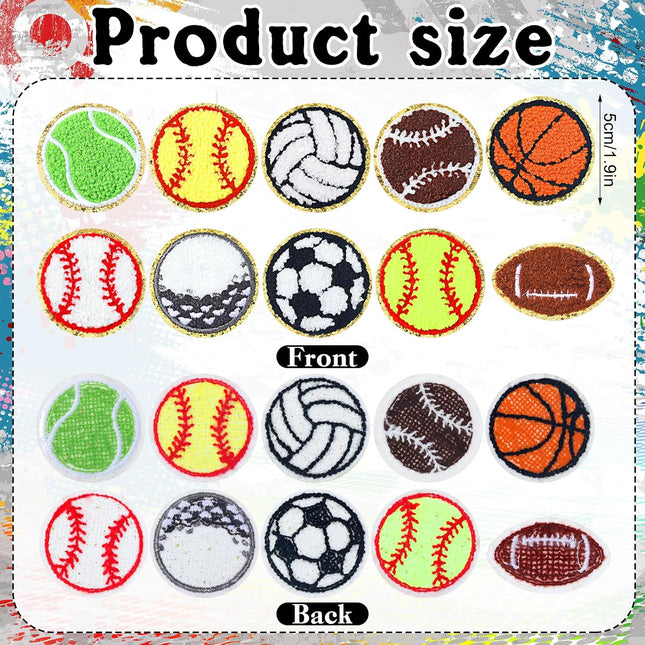 40 Pack Chenille Sports Ball Iron-On Patches with Gold Edges for Clothing and Hats