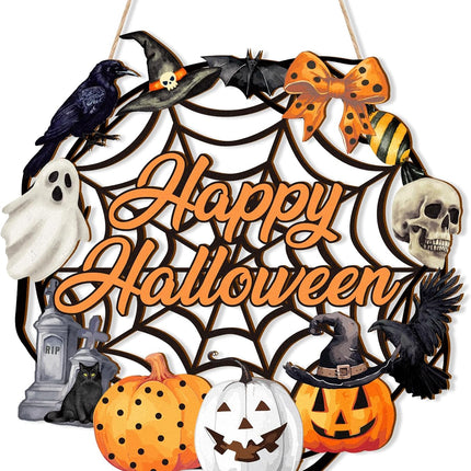 Halloween Wooden Ghost Door Wreath, Pumpkin Black Cat Front Door & Wall Hanging Decor