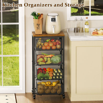 4-Tier Kitchen Rolling Storage Cart with Wooden Top, 4 Pull-Out Drawers and Lockable Wheels