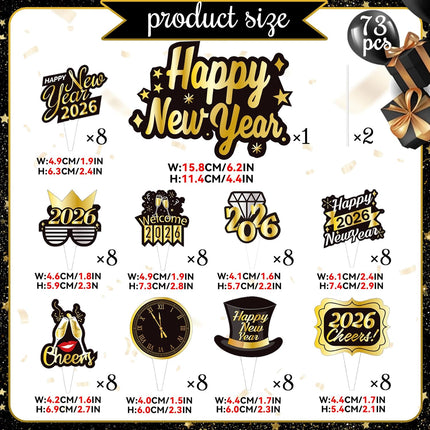 Happy New Year 2026 Cupcake Toppers – 73-Pc Black & Gold Party Supplies