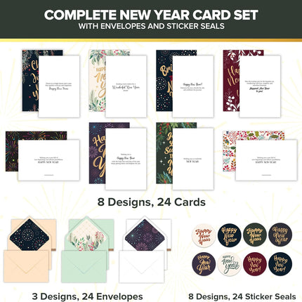 24-Piece 6×4in Happy New Year Cards – Gold Foil, Stickers & Printed Message