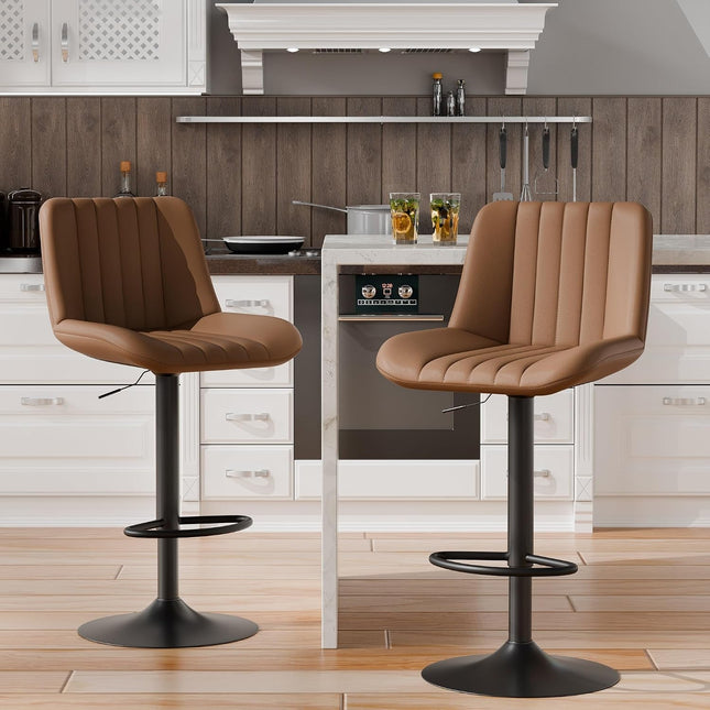Set of 2 Adjustable Swivel Bar Stools with Faux Leather Seats, Backrests and Footrests