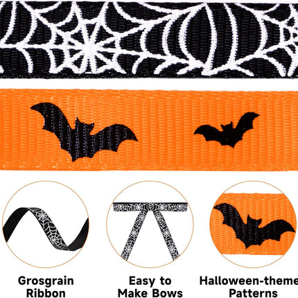 2-Roll Halloween Grosgrain Ribbon 3/8in x 20 Yards, Bat & Spider Web Print