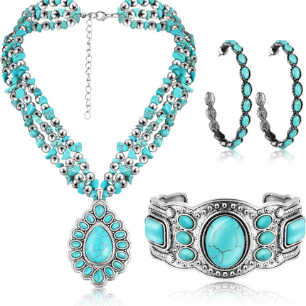 3 Pcs Western Bohemian Jewelry Set – Boho Pendant Choker, Leather Bracelet & Earrings