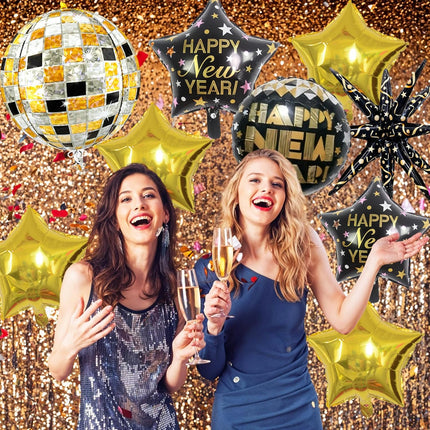 18-Piece Black & Gold Foil Balloons – Happy New Year 2026 Decorations