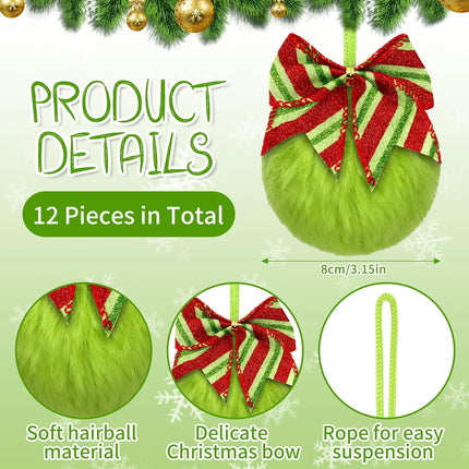 12 Pcs Furry Lime Green Christmas Ball Ornaments with Festive Red & Green Bows