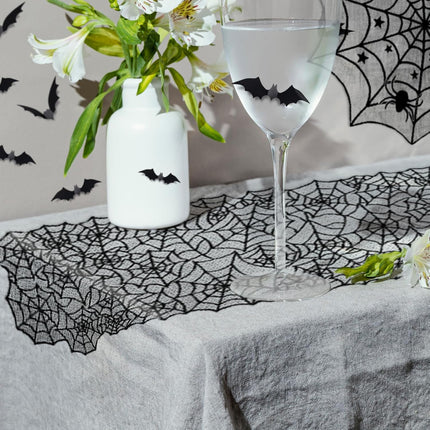 39-Piece Halloween Spiderweb Decor Set, Lace Tablecloth, Runner & Bat Stickers
