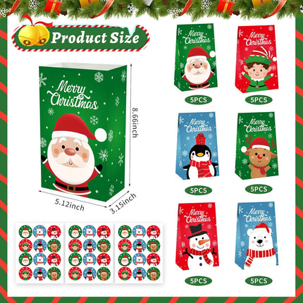 30PCS Christmas Paper Treat Bags Small Gift Bags with Stickers Holiday Party