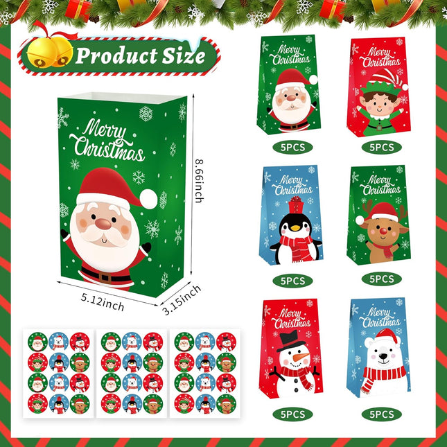 30PCS Christmas Paper Treat Bags Small Gift Bags with Stickers Holiday Party