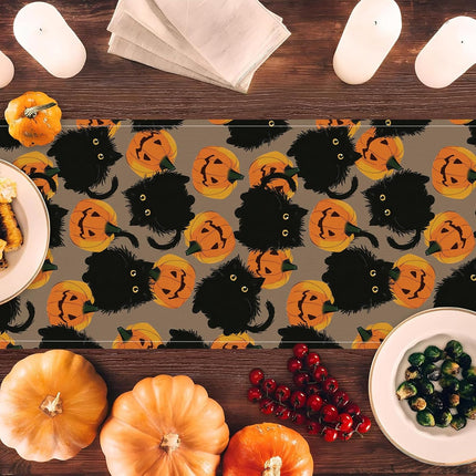 Halloween Table Runner 13x72in, Black Cat & Pumpkin Seasonal Dining Table Decor