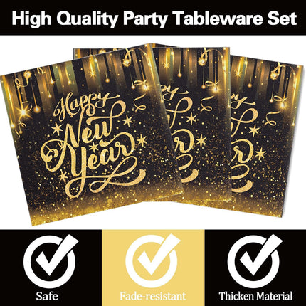 51 PCS New Year 2026 Dinnerware Set Black Gold Plates Napkins Forks Tablecloth