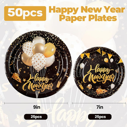 50 PCS New Year 2026 Paper Plates Black & Gold 9" & 7" Disposable Tableware