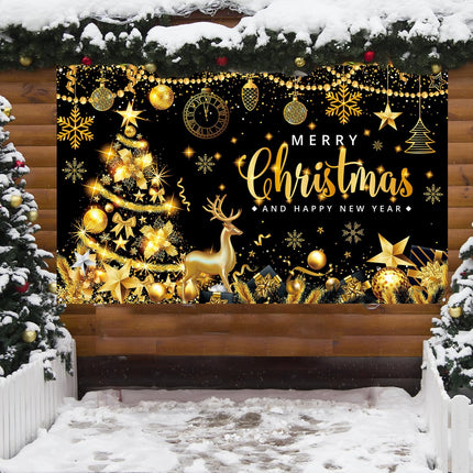 Black Gold Christmas & New Year Banner – 71x43in Party Decoration