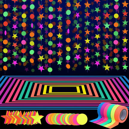 127ft Glow Neon Party Set – 6 Colors UV Blacklight Tape & Hanging Decorations