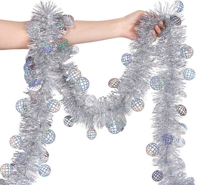 Christmas Silver Tinsel Garland 33FT – Shiny Hanging Disco Party Decor