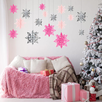 18-Piece 3D Pink & Silver Snowflake Ornaments with Glitter for Christmas Hanging Decorations