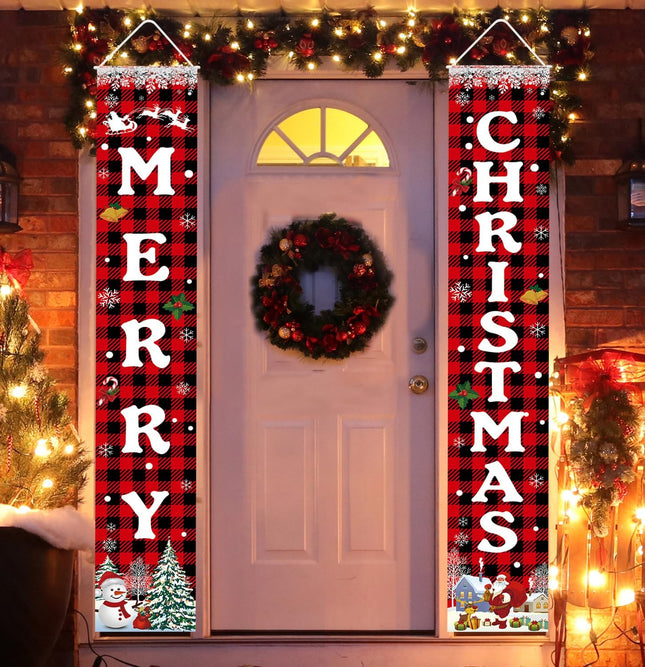 Merry Christmas Banner Xmas Porch Door Sign for Indoor Outdoor Decorations