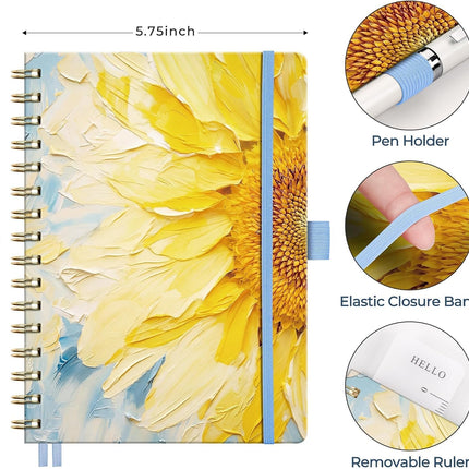 A5 Spiral Journal Notebook, 160 Lined Pages, 100 GSM, Hardcover, Sunflower Design