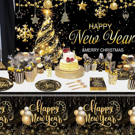 51 PCS New Year 2026 Dinnerware Set Black Gold Plates Napkins Forks Tablecloth