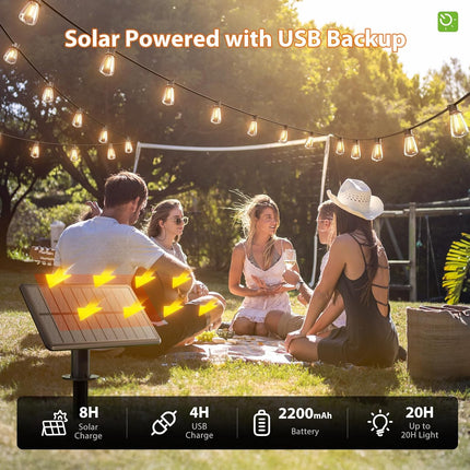 54FT Solar Patio String Lights – Waterproof, Dimmable LED with USB Charging & Remote