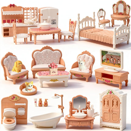 38-Piece Dollhouse Furniture Set – Mini Kitchen, Bedroom, Living Room & Pets