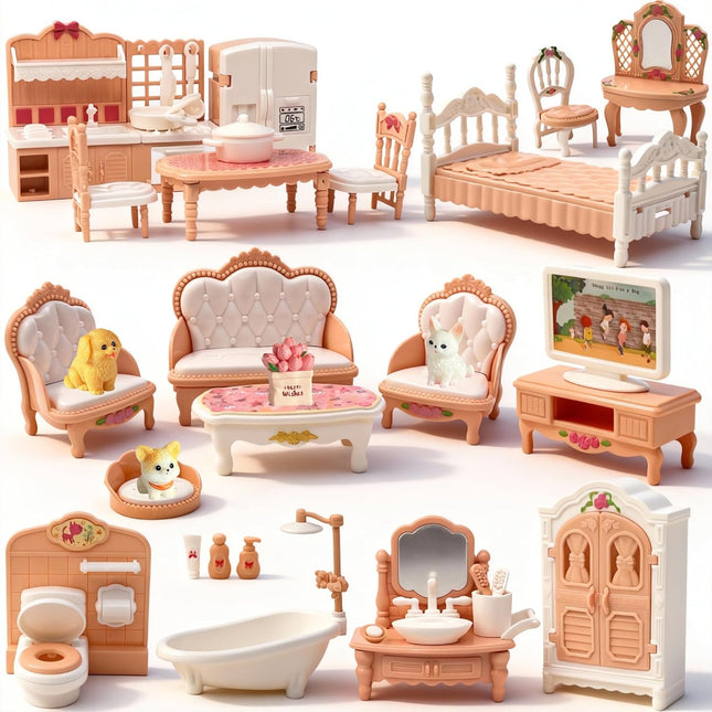 38-Piece Dollhouse Furniture Set – Mini Kitchen, Bedroom, Living Room & Pets