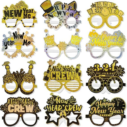 24 Pack Happy New Year 2026 Eyeglasses Glitter NYE Party Photo Props