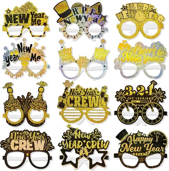 24 Pack Happy New Year 2026 Eyeglasses Glitter NYE Party Photo Props