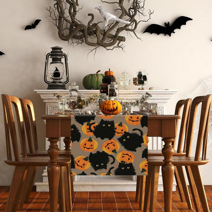 Halloween Table Runner 13x72in, Black Cat & Pumpkin Seasonal Dining Table Decor