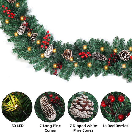 9FT Lighted Christmas Garland – Battery Operated with Pine Cones & Berries