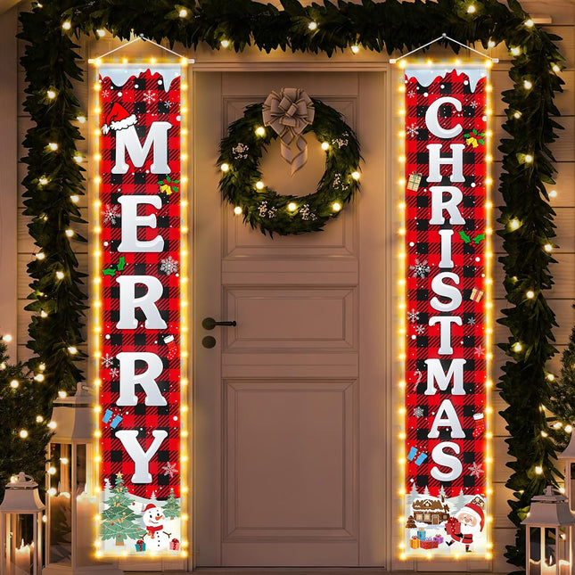 Christmas Porch Banner with String Lights – Outdoor/Indoor Welcome Sign Decoration