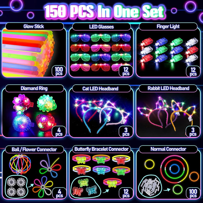 150PCS Glow in the Dark Party Supplies for Kids & Adults, Glow Sticks & Accessories