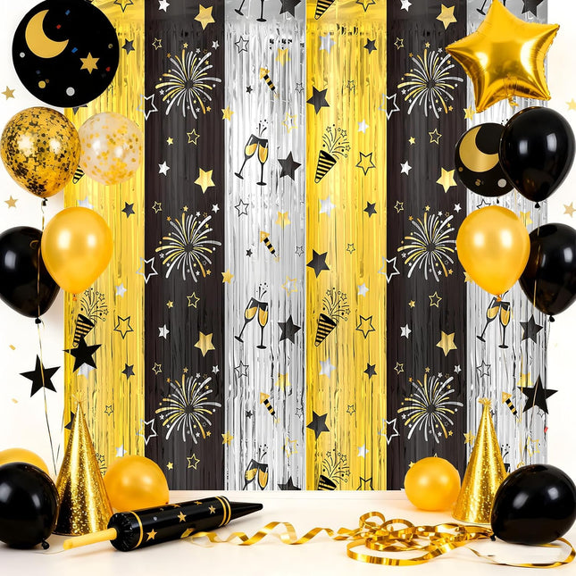 New Year 2026 Party Decorations – 2-Pc Metallic Tinsel Foil Fringe Curtains