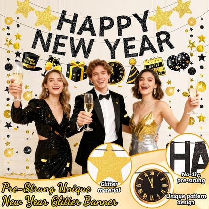 4 PCS Happy New Year 2026 Banner Black Gold Glitter Circle Star Garland