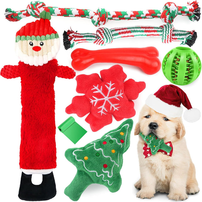 Christmas Dog Toys 8-Pack – Santa Squeaky Plush Chews & Durable Interactive Rope for Puppies
