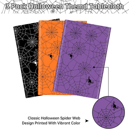 3-Pack Halloween Spider Web Tablecloths, Multicolor Disposable Plastic 108x54in