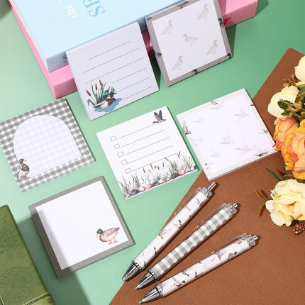 18 Pcs Stationery Set – 12 Aesthetic Pens, 6 Sticky Notes, Mallard Duck Design
