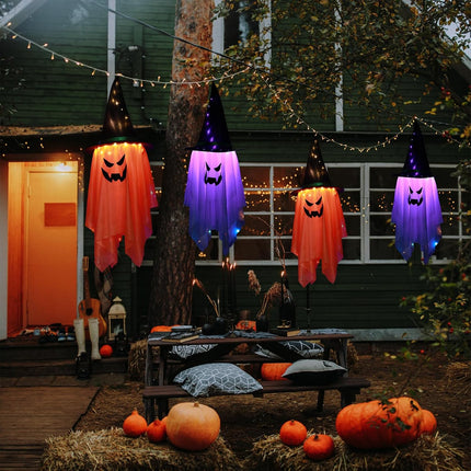 2-Piece Lighted Halloween Ghost Witch Hats, Glowing Hanging Indoor Outdoor Decor