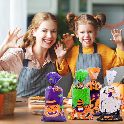 160PCS Halloween Cellophane Treat Bags, Pumpkin Ghost Witch Spider with Twist Ties