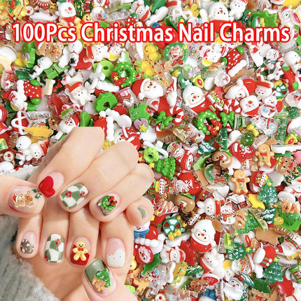 100PCS Christmas Nail Charms – 3D Resin Santa, Snowflake & Tree Designs