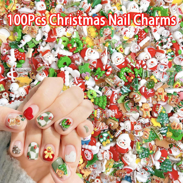 100PCS Christmas Nail Charms – 3D Resin Santa, Snowflake & Tree Designs