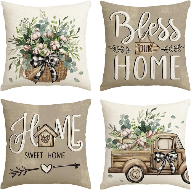Bless Our Home Pillow Covers – Farmhouse Eucalyptus, 18x18 Inch Set of 4 Cushion Cases