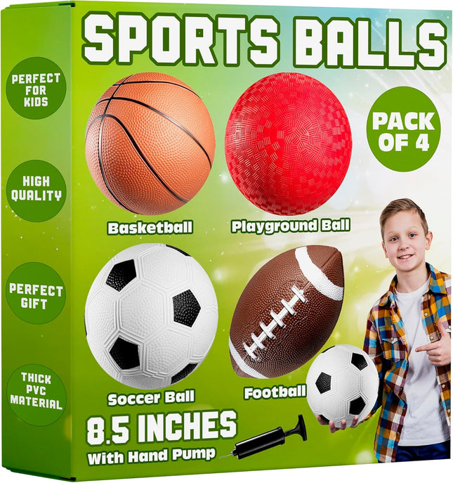 4-Pack 8.5” Rubber Sports Balls for Kids & Toddlers with Pump Toy Set