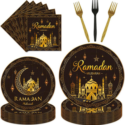 96Pcs Ramadan Party Tableware Set – Eid Mubarak Plates, Napkins, Forks, Serves 24