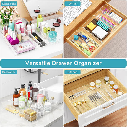 12 Pack Clear Drawer Organizers, 4 Sizes Storage Trays for Kitchen & Desk