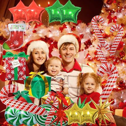 Christmas Mylar Balloons – Candy Cane Swirl, Stocking, Star & Gift Box Decorations