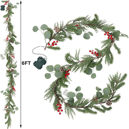 6FT Pre-Lit Christmas Garland, Green Garland with Lights & Timer for Indoor Decoration