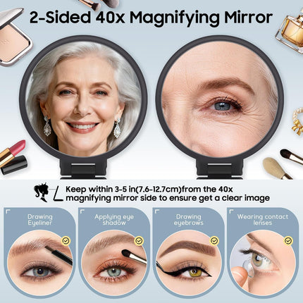 40X Magnifying Hand Mirror – Double-Sided, Foldable, Portable, Frosted Black