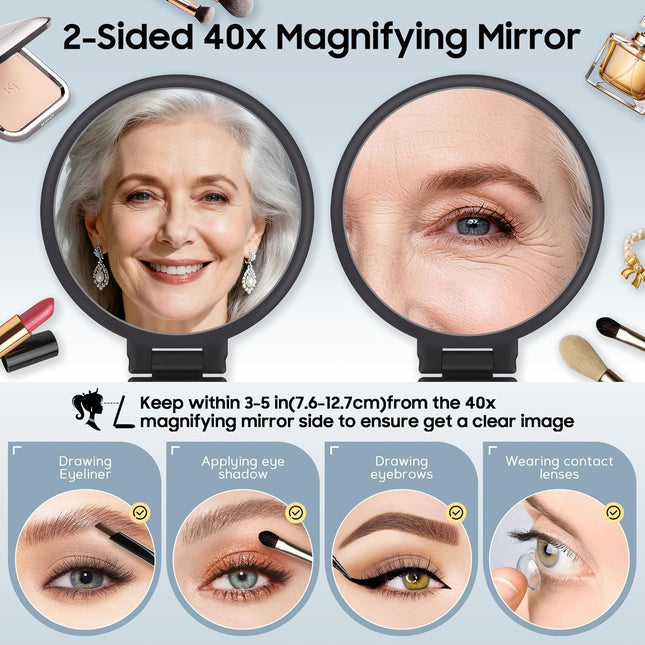 40X Magnifying Hand Mirror – Double-Sided, Foldable, Portable, Frosted Black