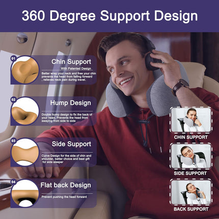 Travel Neck Pillow – Upgraded Memory Foam, Airplane Headrest, Light Grey